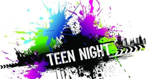 Teen Night in white text on black, blue, green, purple splatter paint