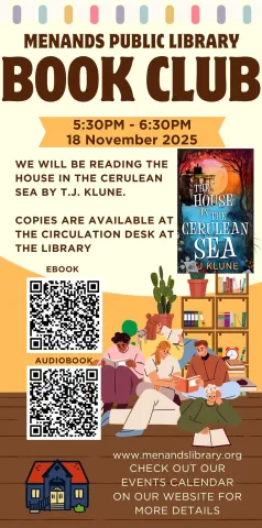 Flyer for the Menands Public Library’s Adult Book Club. See More Info Below