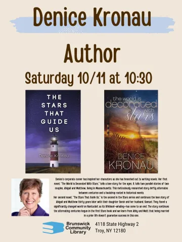 Author visit flyer with covers of two novels. One cover has a lighthouse on it, the other has a photo of a sunset.