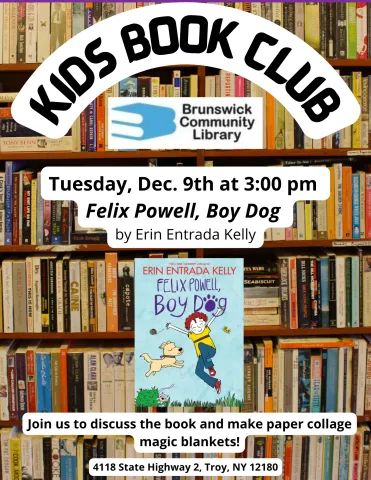 Flyer with book cover of child and pet dog over book shelf background. 