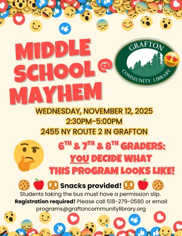 November Middle School Mayhem will take place on November 19, 2025 from 2:30PM to 5:00PM.