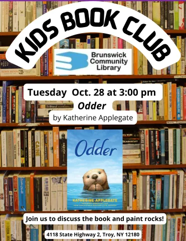 Kid's book club flyer with book cover of Odder, featuring an otter