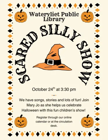 Scared Silly Show poster in black, orange, and cream colors.