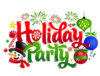 Holiday Party in red and black script font. Snowman and ornaments decorating the image.