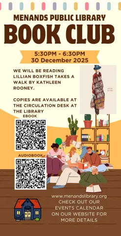 Flyer for the Menands Public Library’s Adult Book Club. See More Info Below