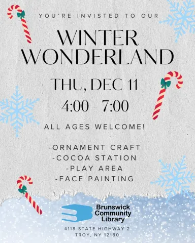 winter wonderland party flyer with clipart of snowflakes and candy canes