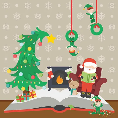 Santa, Christmas Tree on an open book.