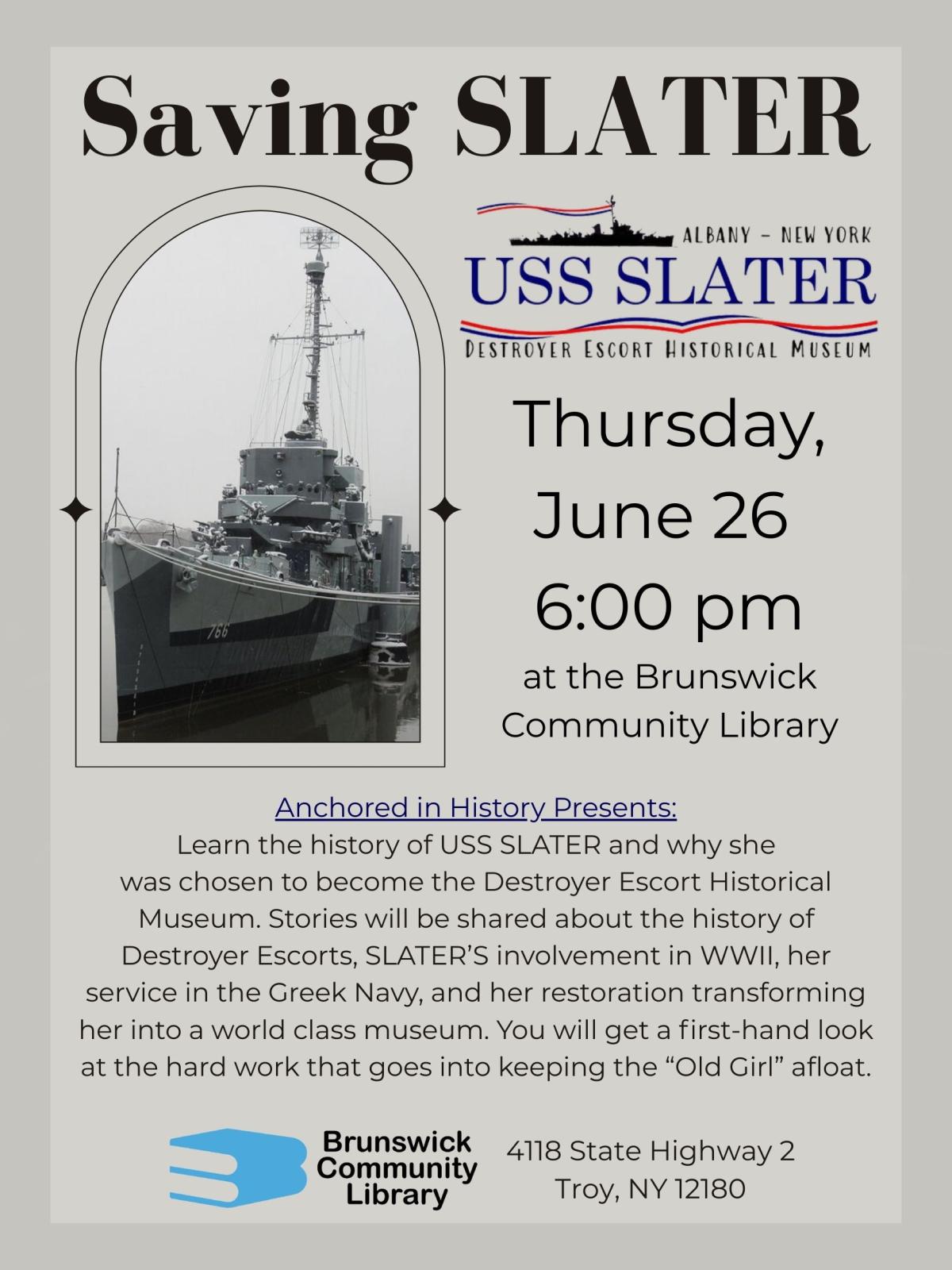 Saving Slater Image of ship and Text: Thursday, June 26  6:00 pm at the Brunswick Community Library