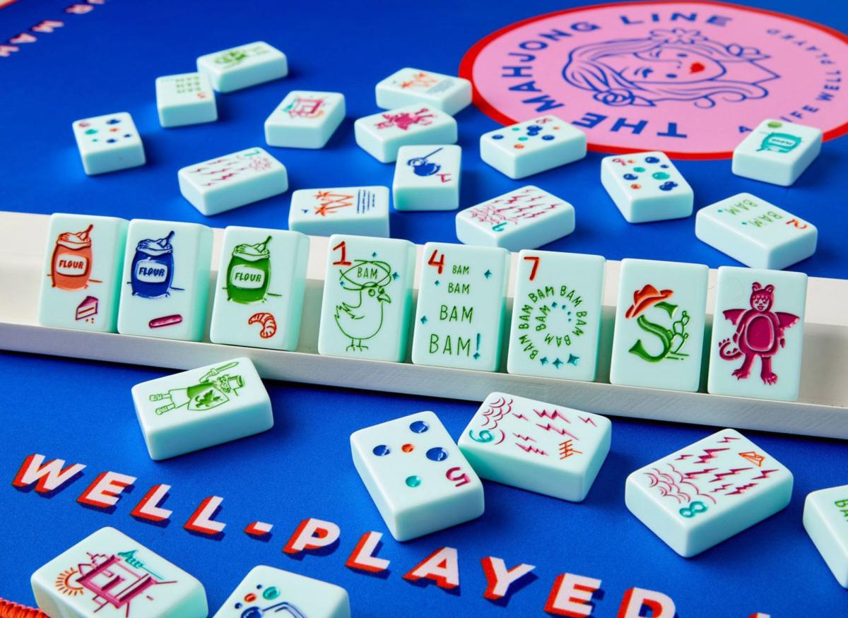 Mahjong titles on blue table cloth