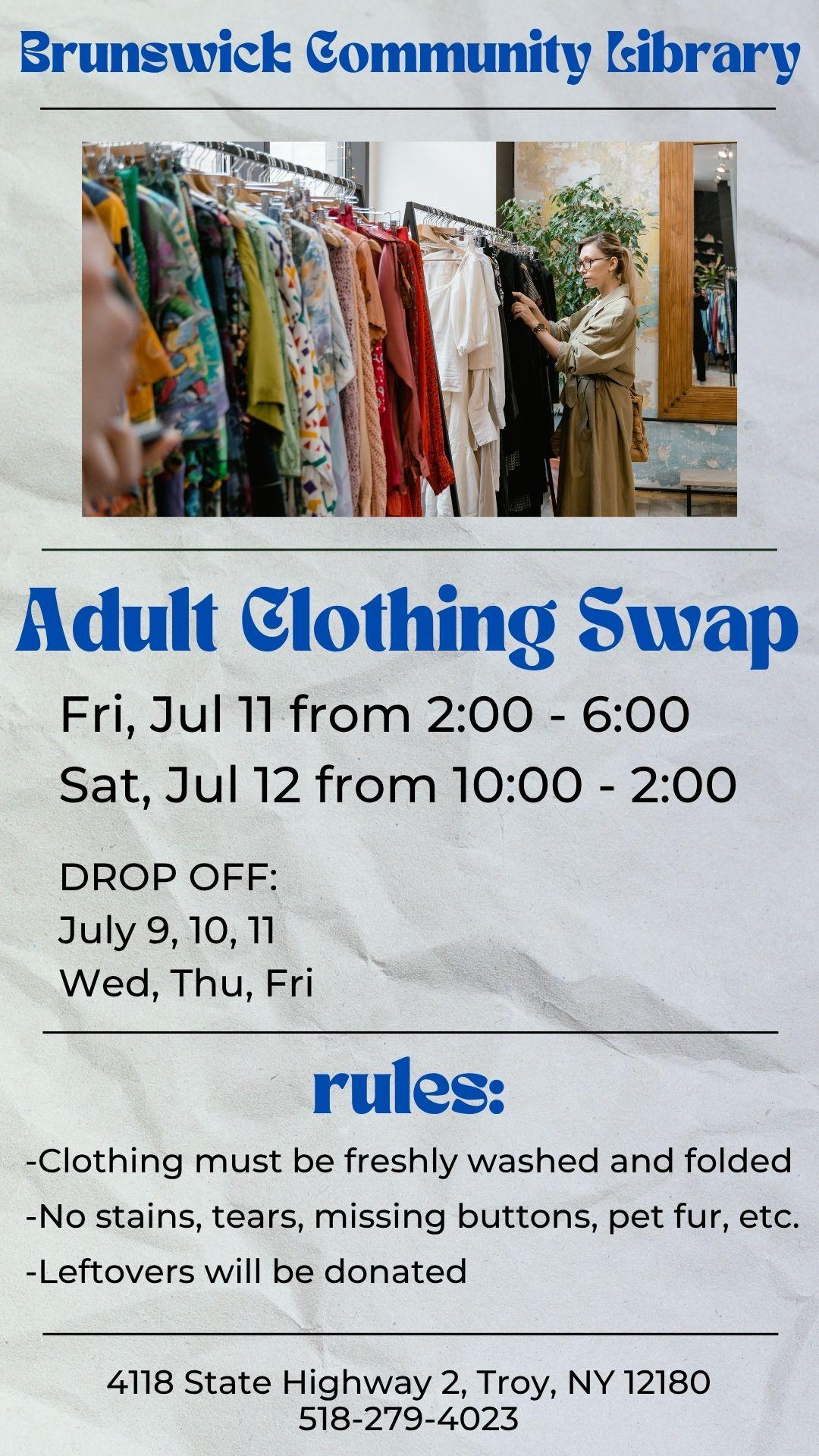 Clothing swap flyer with image of clothing racks. 