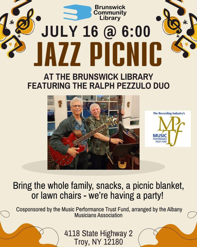 The image is an advertisement for a Jazz Picnic event at the Brunswick Community Library.