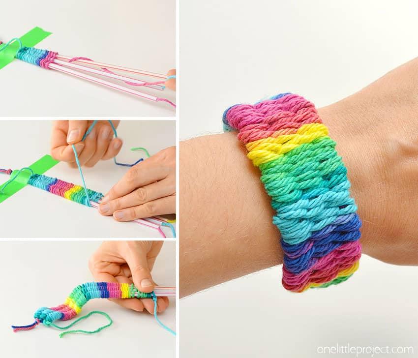 Four images of the process of straw weaving. Final picture of bracelet on wrist
