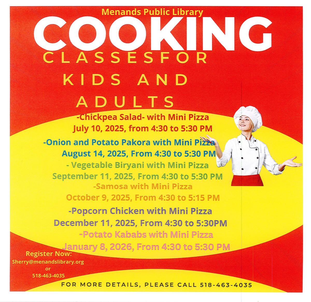 Flyer for the Menands Public Library’s Cooking Class through January 2026. See More Info Below