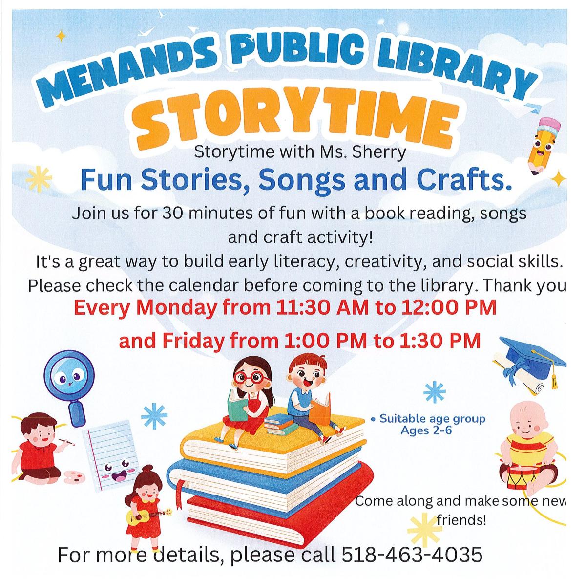 Flyer for the Menands Public Library’s Storytime. See More Info Below