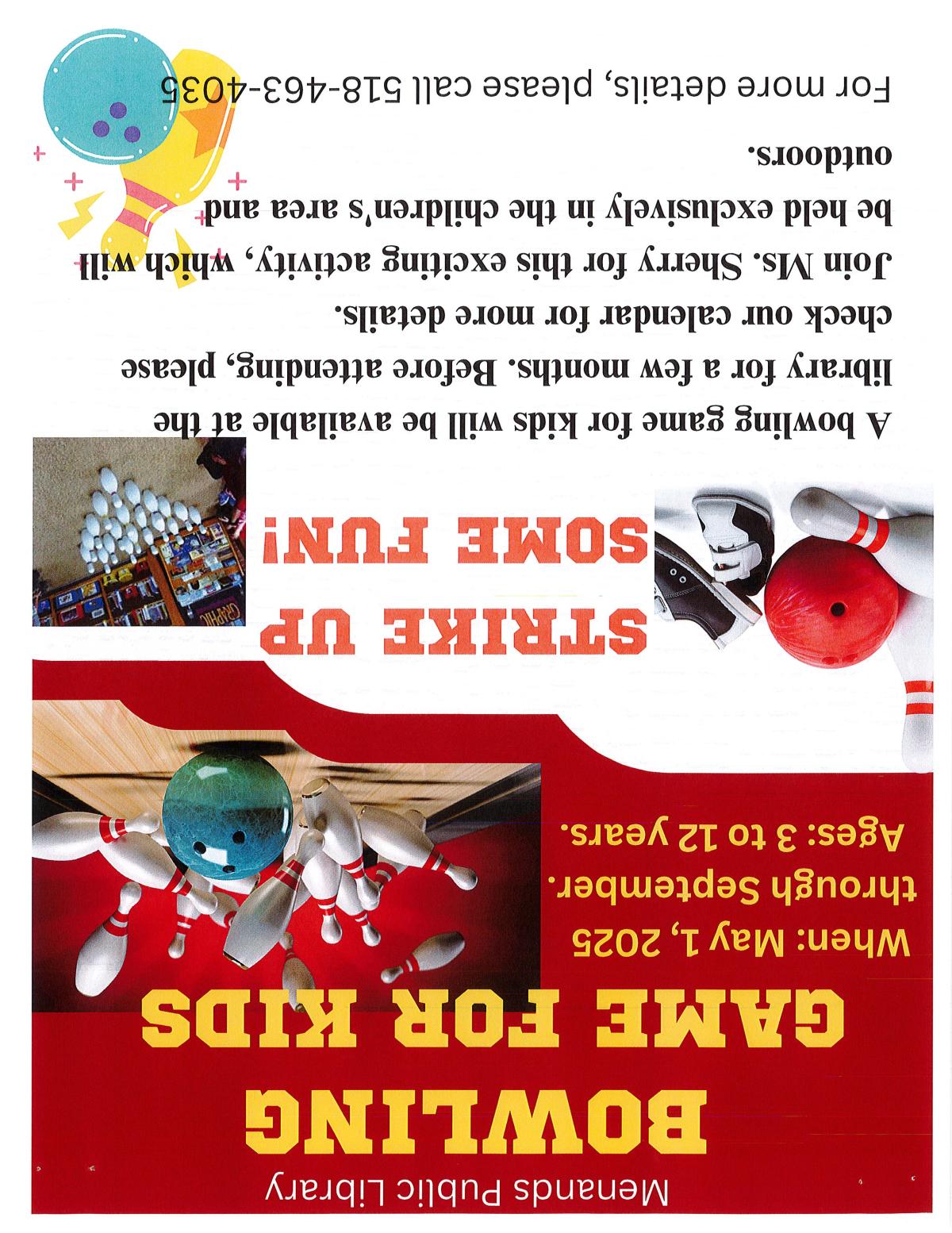 Flyer for Bowling at the Menands Public Library. See More Info Below