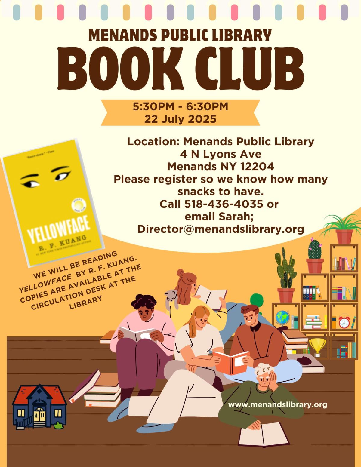 Flyer for the Menands Public Library’s Adult Book Club. See More Info Below