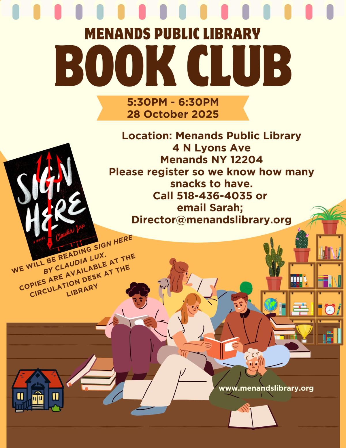 Flyer for the Menands Public Library’s Adult Book Club. See More Info Below