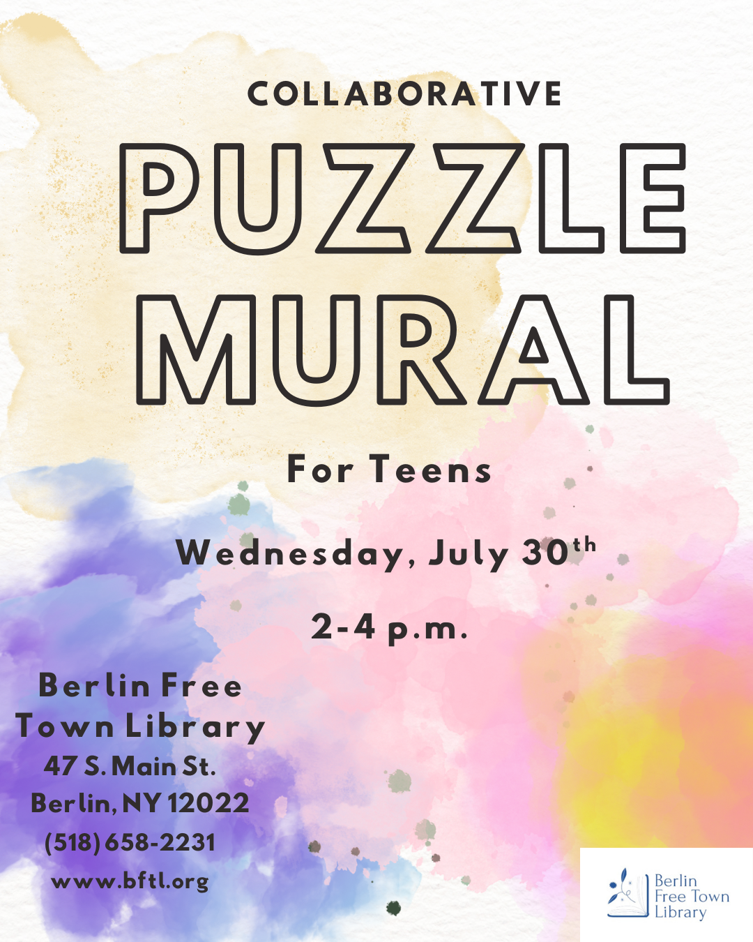 Collaborative Puzzle Mural for teens on Wednesday July 30th from 2-4pm