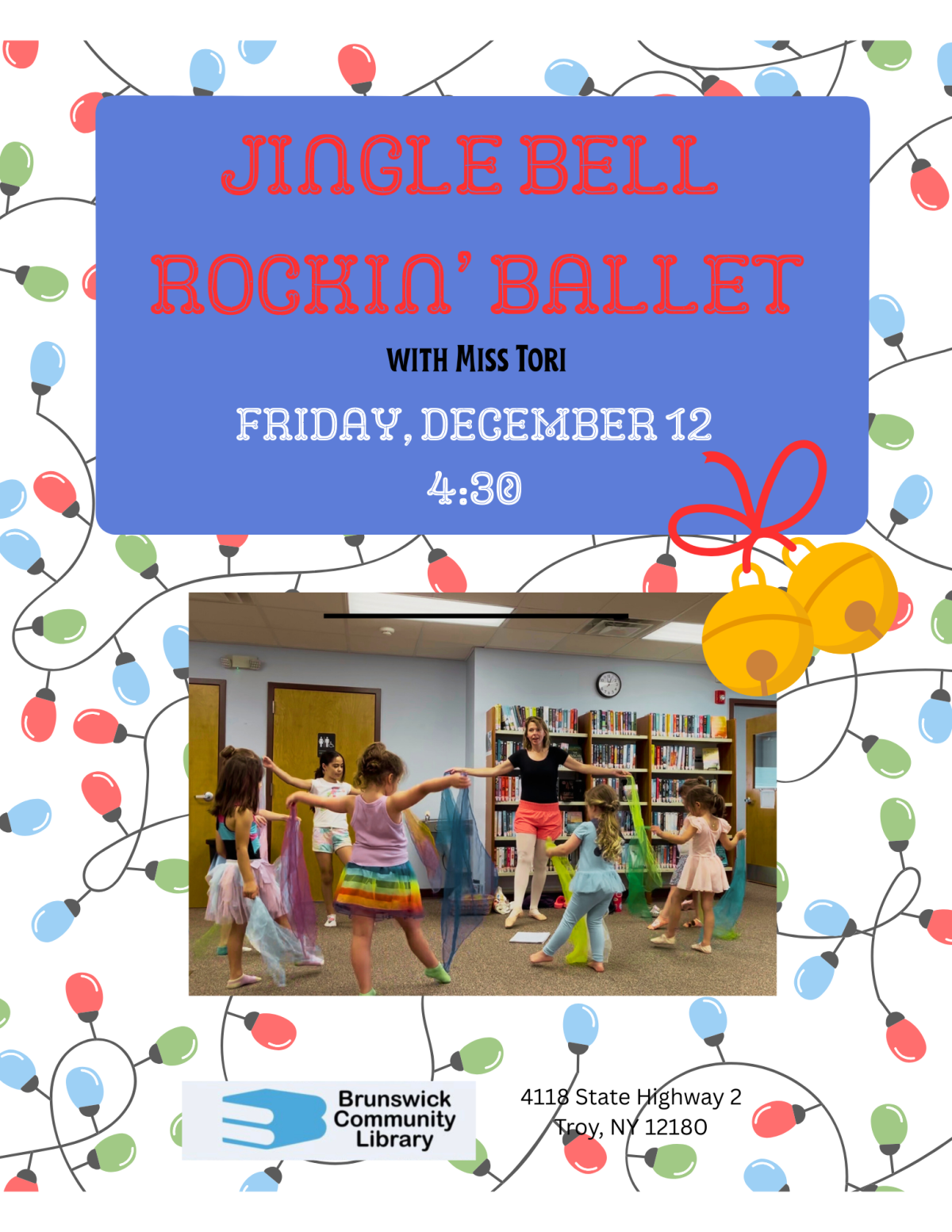 Photo of children dancing with clipart of jingle bells and holiday lights