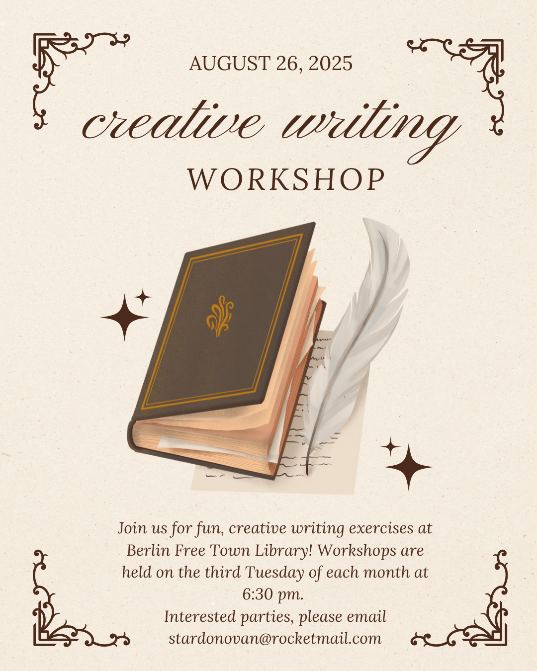 Creative Writing Workshop on August 26, 2025 at 6:30 pm