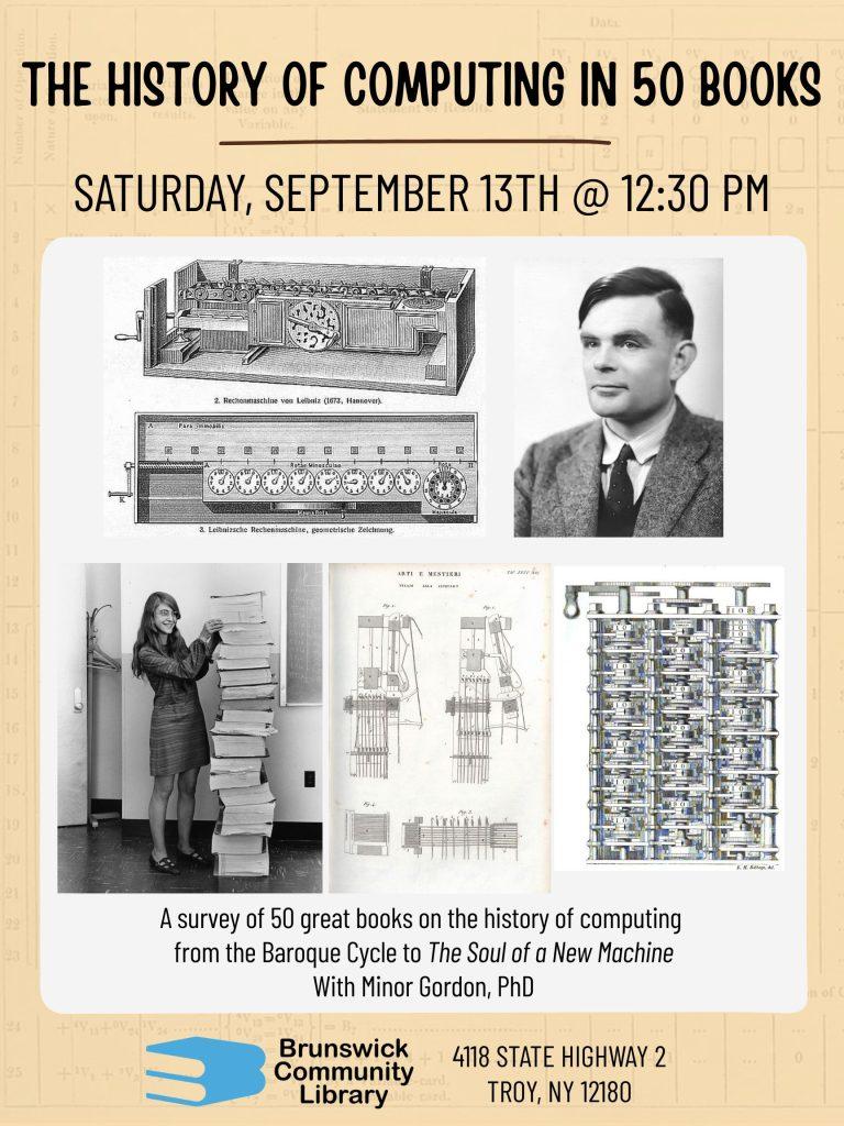 Flyer with image of old computing diagrams and portraits of a male and female working in coding