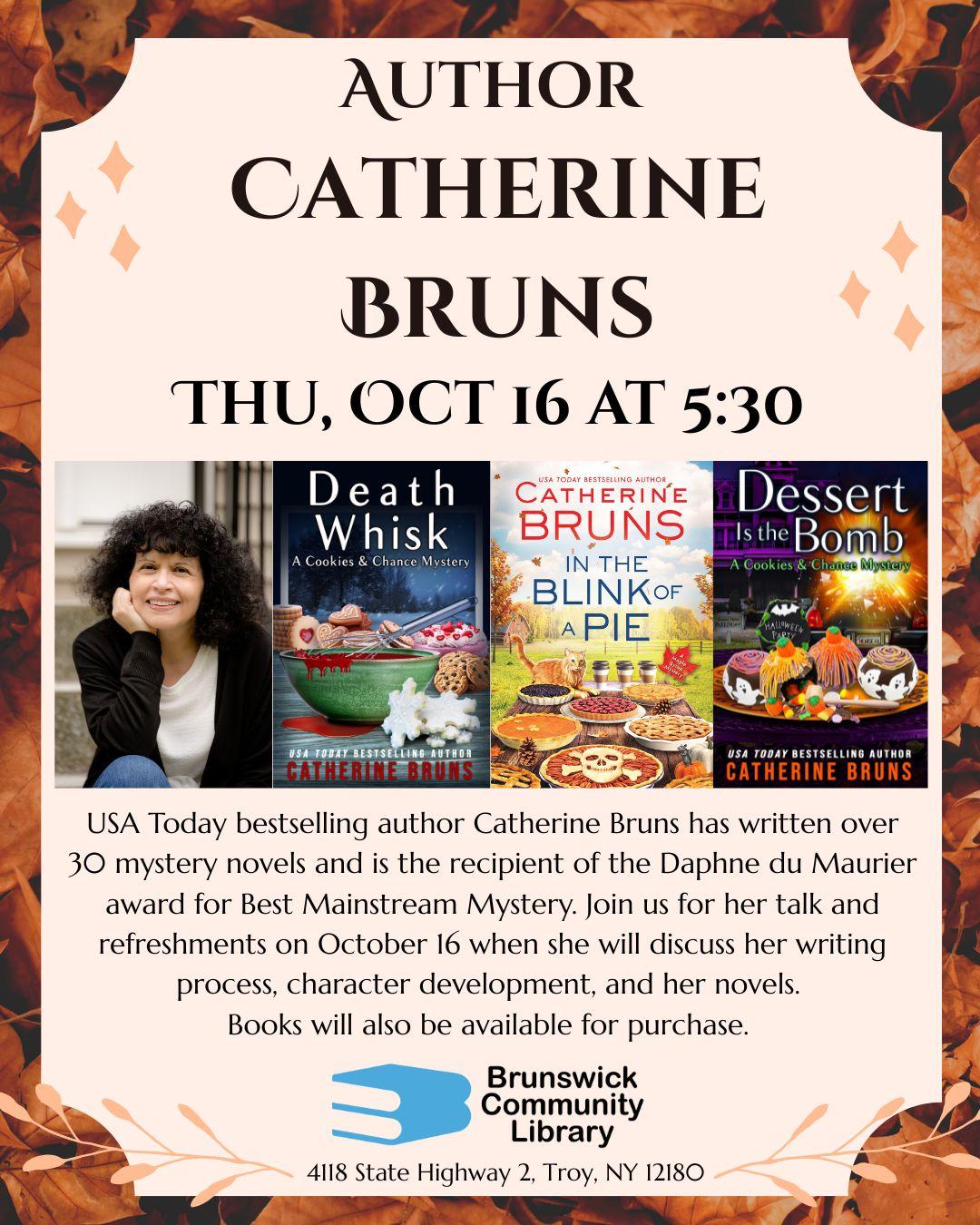 Author talk flyer show portrait of female author and three covers of her cozy mystery books
