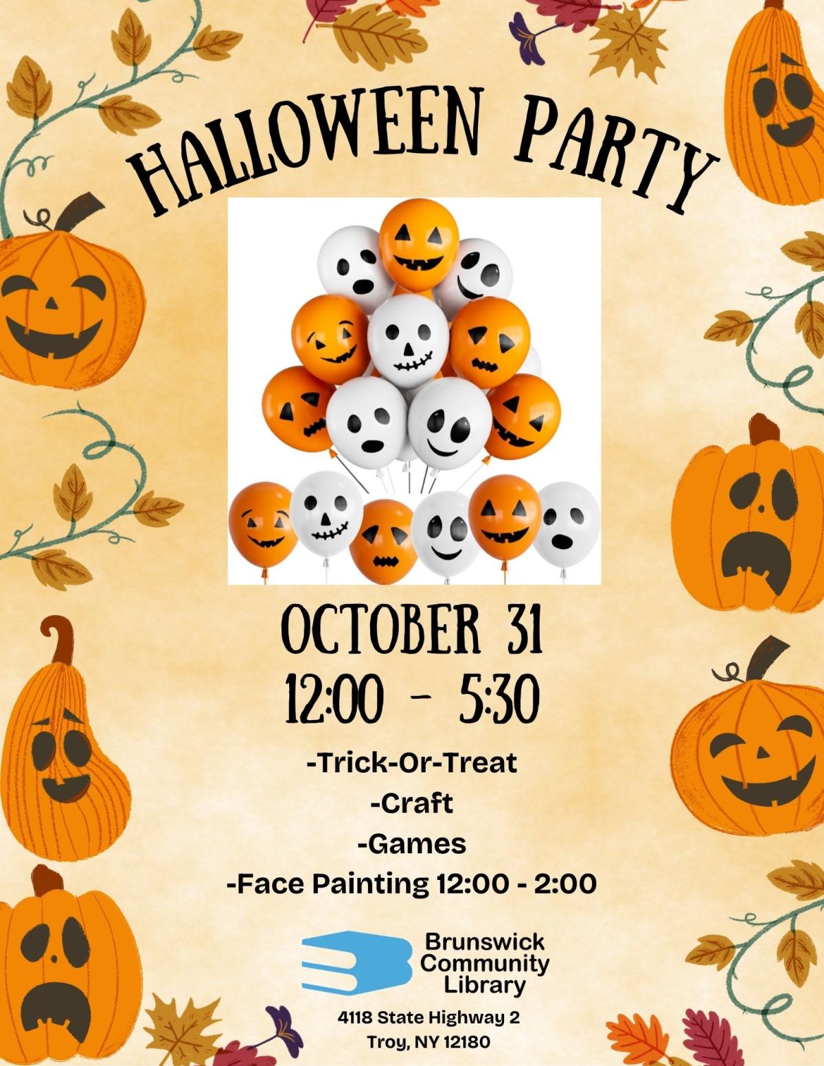 Halloween Party flyer with clipart of pumpkins and photo of ghost and pumpkin balloons