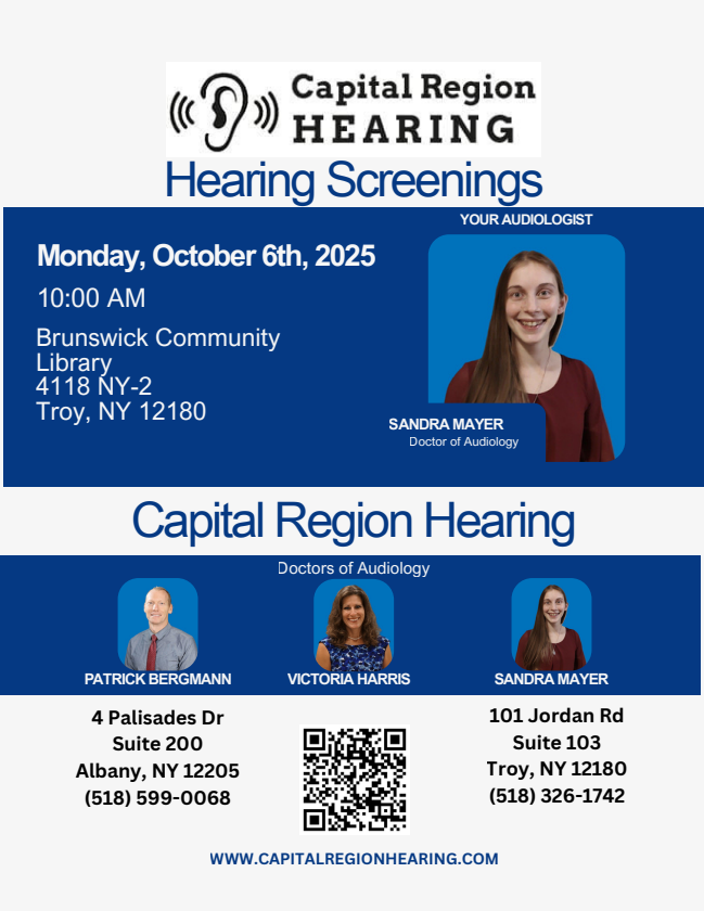 Hearing screening flyer with photos of audiologists