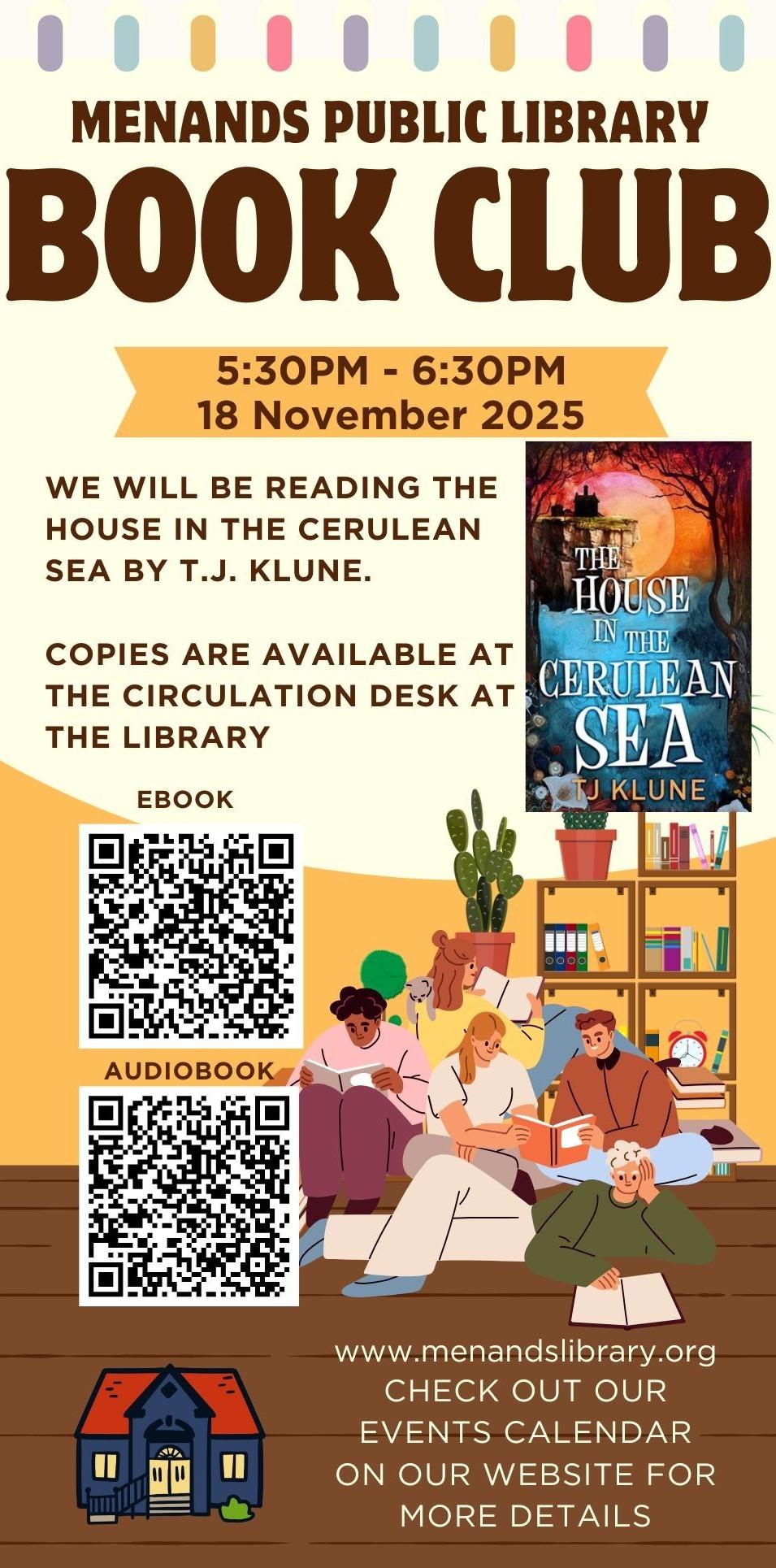 Flyer for the Menands Public Library’s Adult Book Club. See More Info Below