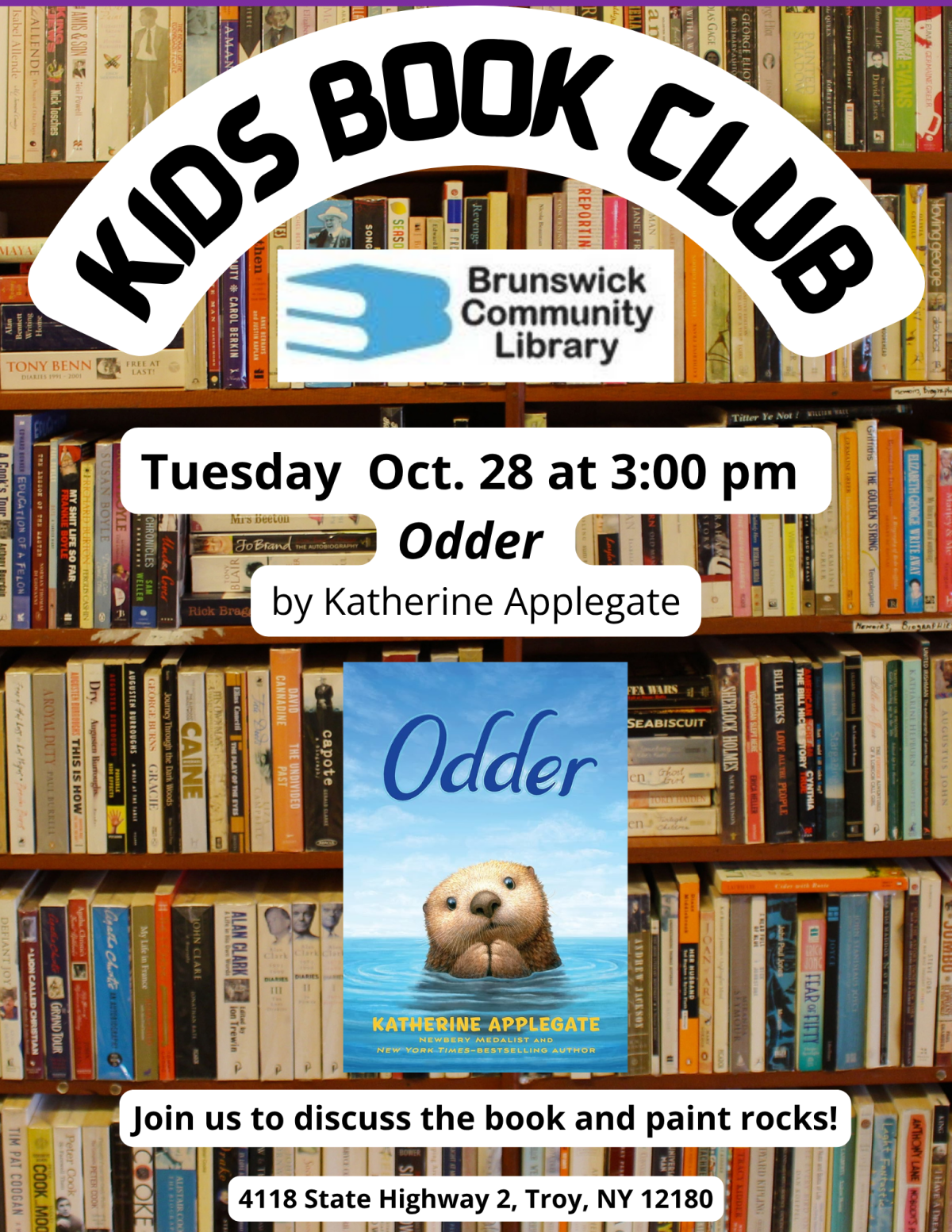 Kid's book club flyer with book cover of Odder, featuring an otter