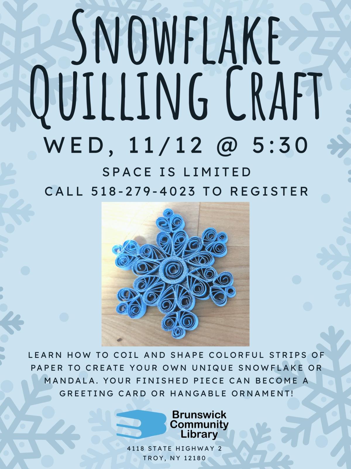 flyer with photo of blue paper quilled snowflake ornament