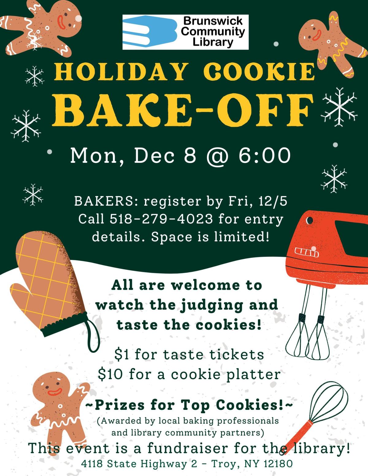 Bake-Off flyer with clip-art of gingerbread cookies and baking supplies