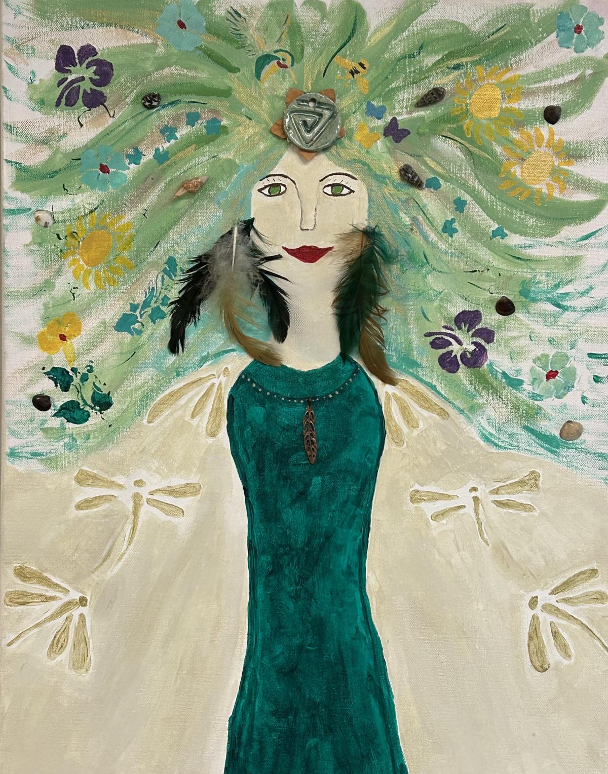 Painting of a woman in a green gown with a flowing headress.