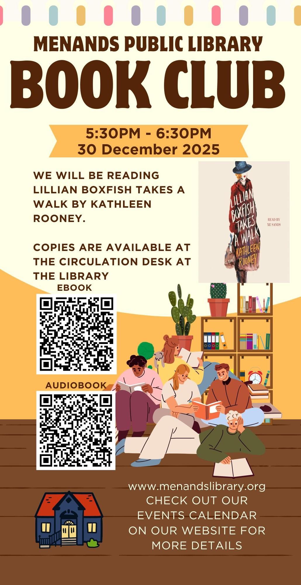 Flyer for the Menands Public Library’s Adult Book Club. See More Info Below