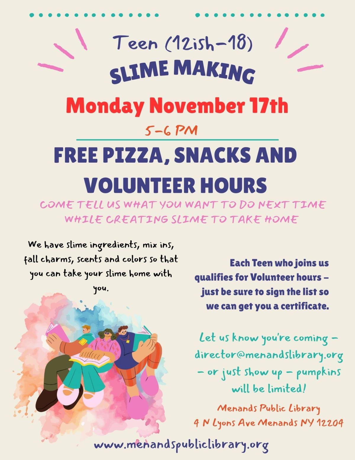 Flyer for the Menands Public Library’s Teen Night making Slime. See More Info Below