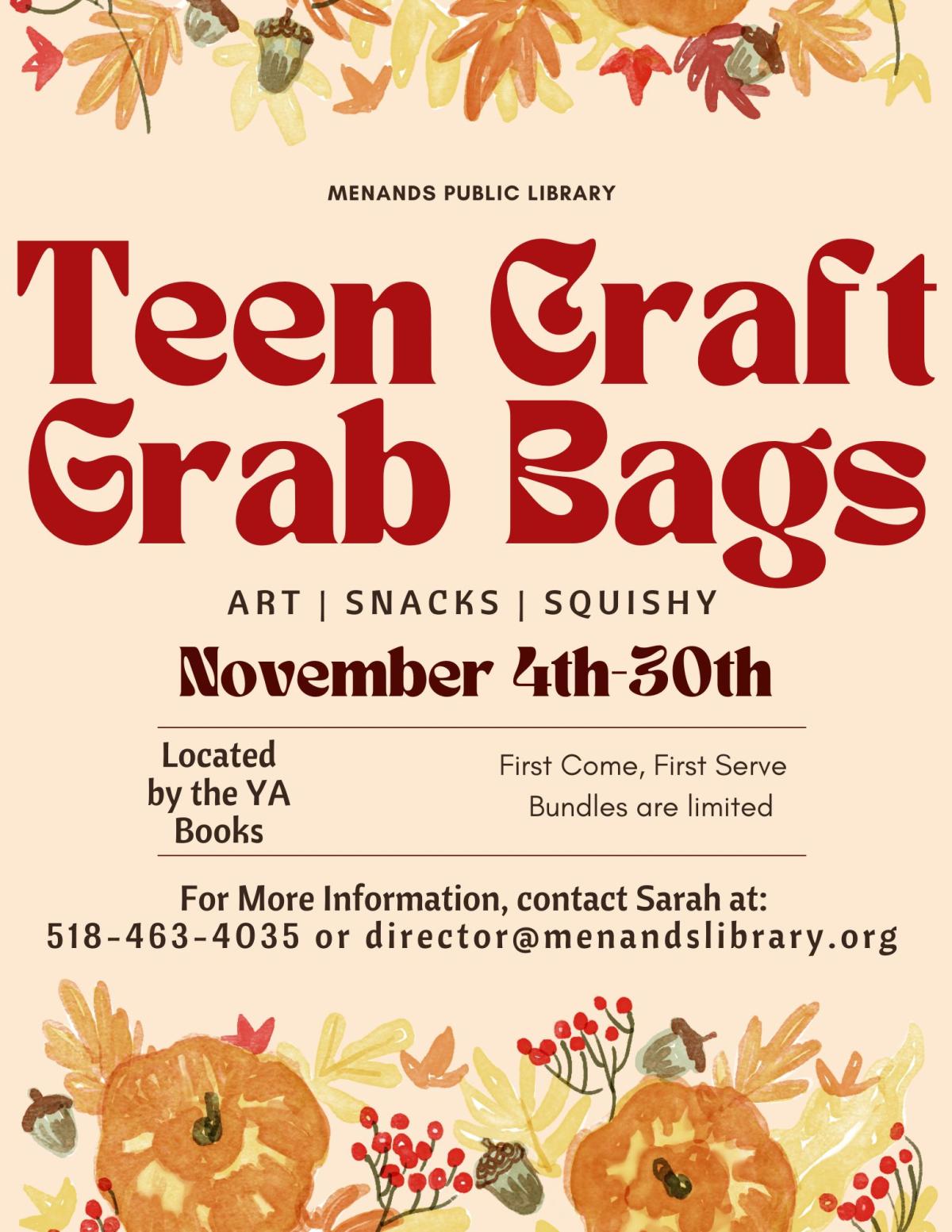 Flyer for the Menands Public Library’s Teen Craft Grab Bags. See More Info Below
